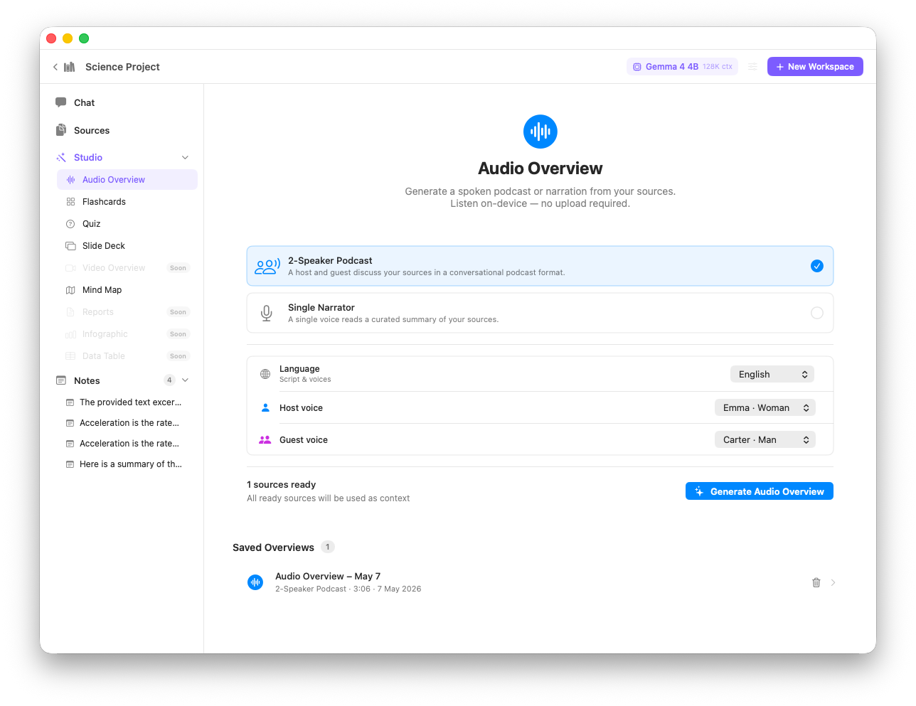 EQBook Audio Overview — podcast-style two-host conversation generated from your workspace