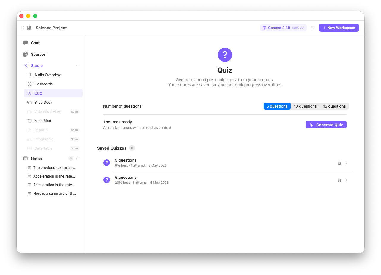 EQBook quiz view — test your understanding of workspace sources