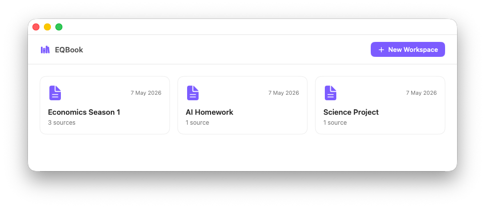 EQBook workspaces view — organise sources into focused research workspaces